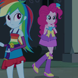 Size: 500x500 | Tagged: safe, screencap, pinkie pie, rainbow dash, equestria girls, g4, my little pony equestria girls, balloon, boots, bracelet, cropped, fall formal outfits, hat, high heel boots, jewelry, raised leg, top hat