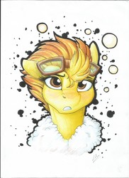 Size: 2550x3506 | Tagged: safe, artist:lupiarts, spitfire, pony, g4, bust, clothes, drunk, female, goggles, high res, looking at you, mare, portrait, solo, traditional art