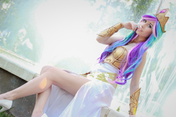 Size: 1000x667 | Tagged: safe, artist:illisiacosplay, princess celestia, human, g4, clothes, cosplay, costume, dress, female, fountain, high heels, irl, irl human, photo, side slit, solo