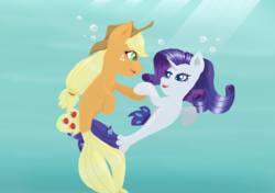 Size: 1220x859 | Tagged: safe, artist:eulicious, applejack, rarity, seapony (g4), g4, my little pony: the movie, female, holding hooves, lesbian, looking at each other, seaponified, seapony applejack, seapony rarity, ship:rarijack, shipping, species swap, underwater, water