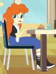 Size: 323x427 | Tagged: safe, edit, edited screencap, screencap, applejack, golden hazel, equestria girls, equestria girls (movie), animated, boots, burger, chair, clothes, cowboy boots, cup, falling, female, gif, helping twilight win the crown, loop, scarf, shocked, shoes, sitting