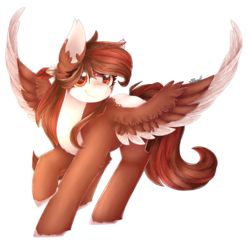Size: 1730x1704 | Tagged: safe, artist:cloud-drawings, oc, oc only, oc:kyra, pegasus, pony, art trade, feather, female, looking at you, mare, raised hoof, signature, simple background, smiling, solo, spread wings, transparent background