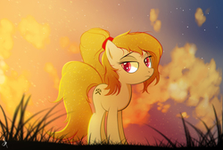 Size: 1869x1265 | Tagged: safe, artist:zidanemina, oc, oc only, oc:equalis, earth pony, pony, colored pupils, female, grass, mare, solo, sunset