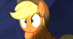 Size: 1360x730 | Tagged: safe, screencap, applejack, earth pony, pony, castle mane-ia, g4, female, mare, rearing, shrunken pupils, solo, wide eyes