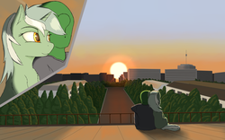 Size: 3200x2000 | Tagged: safe, artist:coreboot, lyra heartstrings, oc, oc:anon, human, pony, unicorn, g4, city, cityscape, close-up, duo, high res, roof, sunset, tree