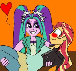 Size: 922x867 | Tagged: safe, artist:ktd1993, aria blaze, sunset shimmer, equestria girls, blushing, bridal carry, carrying, female, lesbian, shipping, sunblaze