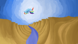 Size: 3840x2160 | Tagged: safe, artist:wax-42, rainbow dash, pony, g4, canyon, chilli, cloud, food, freedom, high res, paint, painting, river, rock
