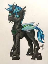 Size: 1440x1920 | Tagged: safe, artist:ivory crescent, oc, oc only, oc:flare, changeling, changeling oc, fangs, solo