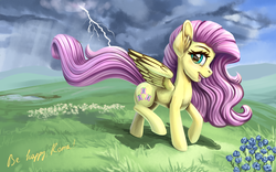 Size: 3840x2400 | Tagged: safe, artist:roadsleadme, fluttershy, pegasus, pony, g4, female, flower, grass field, happy, high res, lightning, mare, open mouth, scenery, solo