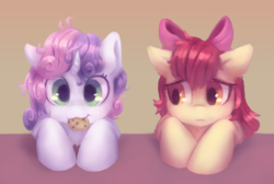 Size: 1600x1077 | Tagged: safe, artist:orchidpony, apple bloom, sweetie belle, earth pony, pony, unicorn, g4, adorabloom, bust, chest fluff, cookie, cute, diasweetes, duo, female, filly, food, jealous, mouth hold