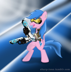Size: 1101x1123 | Tagged: safe, artist:sharp tone, oc, oc only, oc:firefly, pony, blue hair, commission, ear piercing, goggles, gun, overwatch, piercing, smiling, tracer, video game, video game crossover, visor, weapon
