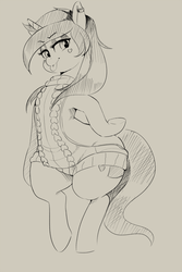 Size: 817x1222 | Tagged: dead source, safe, artist:sirmasterdufel, oc, oc only, oc:luscious heart, pony, unicorn, backless, bipedal, clothes, monochrome, open-back sweater, sleeveless sweater, solo, sweater, tongue out, virgin killer sweater