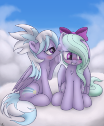 Size: 1641x1995 | Tagged: safe, artist:uncannycritter, cloudchaser, flitter, pony, g4, blushing, both cutie marks, chest fluff, cloud, cute, duo, grin, sitting, smiling, underhoof, whispering