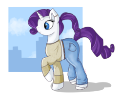 Size: 1664x1330 | Tagged: safe, artist:lemanda, rarity, pony, g4, clothes, female, jeans, midriff, pants, ponytail, short shirt, simple background, solo, transparent background