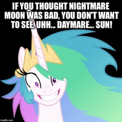 Size: 500x500 | Tagged: safe, princess celestia, alicorn, pony, fanfic:princess celestia of equestria is nuts, g4, black background, daymare, daymare sun, fanfic, female, hilarious in hindsight, insanity, meme, simple background, snaplestia, solo