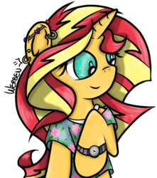 Size: 1168x1321 | Tagged: safe, artist:werbencs, sunset shimmer, pony, unicorn, g4, clothes, ear piercing, female, mare, piercing, simple background, solo, watch, white background, wristwatch