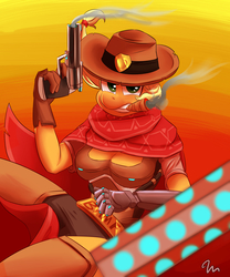 Size: 2500x3000 | Tagged: safe, artist:passigcamel, applejack, earth pony, anthro, g4, cigar, clothes, cosplay, costume, crossover, female, gun, high res, jesse mccree, mccreejack, overwatch, prosthetics, smoking, solo, weapon