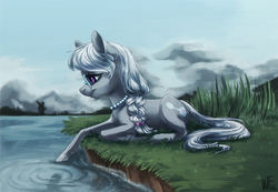 Size: 1900x1316 | Tagged: safe, artist:weird--fish, silver spoon, earth pony, pony, g4, art trade, braid, cute, female, filly, glasses, grass, mountain, prone, ripples, solo, water
