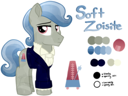 Size: 800x605 | Tagged: safe, artist:tambelon, oc, oc only, oc:soft zoisite, crystal pony, pony, clothes, male, reference sheet, solo, stallion, watermark