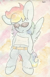 Size: 692x1074 | Tagged: safe, artist:slightlyshade, rainbow dash, anthro, g4, belly button, bipedal, clothes, female, midriff, pants, solo, sunglasses, traditional art, tube top