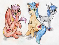 Size: 2328x1783 | Tagged: safe, artist:40kponyguy, derpibooru exclusive, oc, oc only, oc:sammy, bat pony, deer, pony, unicorn, bat pony oc, hug, looking at you, one eye closed, requested art, simple background, tail hug, traditional art, white background, wink