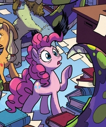 Size: 442x532 | Tagged: safe, artist:tony fleecs, idw, official comic, applejack, frankenstag's monster, pinkie pie, earth pony, pony, friendship is magic #52, from the shadows, g4, spoiler:comic, cropped, cthulhu, female, frankenstein's monster, library, lovecraft, mare, raised hoof, solo focus, tentacles