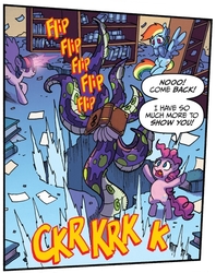Size: 441x557 | Tagged: safe, artist:tonyfleecs, idw, official comic, pinkie pie, rainbow dash, twilight sparkle, alicorn, earth pony, pegasus, pony, from the shadows, g4, spoiler:comic, spoiler:comic52, cropped, cthulhu, female, library, lovecraft, mare, speech bubble, tentacles, the call of cthulhu, twilight sparkle (alicorn)