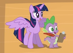 Size: 552x403 | Tagged: safe, gameloft, spike, twilight sparkle, alicorn, pony, g4, quill, spread wings, taking notes, twilight sparkle (alicorn), vector