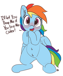 Size: 1280x1544 | Tagged: dead source, safe, artist:pabbley, rainbow dash, pegasus, pony, g4, 30 minute art challenge, belly button, bipedal, blushing, boop, bribery, bronybait, cider dash, cute, dashabetes, dialogue, ear fluff, female, frog (hoof), imminent boop, looking at you, mare, signature, simple background, solo, speech, talking, talking to viewer, that pony sure does love cider, underhoof, white background, wings