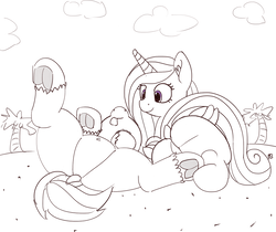 Size: 1280x1074 | Tagged: safe, artist:pabbley, princess cadance, shining armor, alicorn, pony, unicorn, g4, 30 minute art challenge, beach, belly button, cute, dock, featureless crotch, frog (hoof), lineart, on back, partial color, tongue out, underhoof