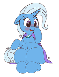 Size: 1280x1658 | Tagged: safe, artist:pabbley, trixie, pony, unicorn, g4, belly button, blushing, cape, chubby, clothes, cute, diatrixes, female, floppy ears, happy, mare, missing accessory, plump, simple background, smiling, solo, thunder thighs, trixie's cape, white background