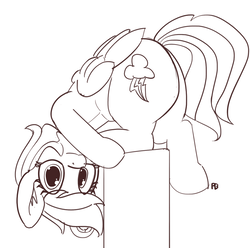Size: 1280x1269 | Tagged: safe, artist:pabbley, rainbow dash, pony, g4, balancing, behaving like a cat, female, looking at you, monochrome, silly, silly pony, simple background, solo, upside down, white background