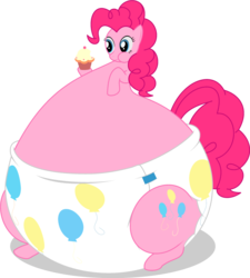 Size: 1272x1411 | Tagged: safe, alternate version, artist:silver-soldier, pinkie pie, g4, cupcake, cutie mark diapers, diaper, fat, female, food, non-baby in diaper, obese, piggy pie, pudgy pie, solo