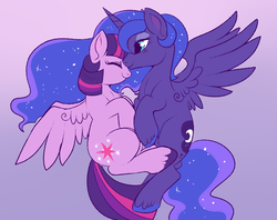 Size: 900x714 | Tagged: safe, artist:lulubell, princess luna, twilight sparkle, alicorn, pony, g4, female, lesbian, ship:twiluna, shipping, spread wings, twilight sparkle (alicorn)