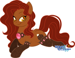 Size: 2526x1972 | Tagged: safe, artist:xwhitedreamsx, oc, oc only, oc:raspberry praline, earth pony, pony, clothes, commission, female, jewelry, looking at you, mare, necklace, prone, simple background, smiling, solo, stockings, thigh highs, transparent background