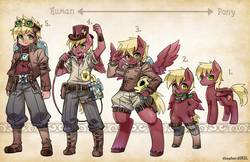 Size: 3000x1941 | Tagged: safe, artist:shepherd0821, oc, oc only, oc:neostrike, human, pegasus, pony, anthro, semi-anthro, anthro chart, anthro oc, anthro with ponies, bipedal, chart, clothes, commission, dieselpunk, hat, humanized, humanized oc, jetpack, looking at you, male, microphone, smiling, spread wings, stallion, standing, steampunk, the rocketeer