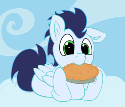 Size: 1280x1095 | Tagged: safe, artist:pabbley, artist:php47, edit, soarin', pegasus, pony, g4, colored, cute, eating, floppy ears, food, male, nom, pie, simple background, solo, stallion, that pony sure does love pies