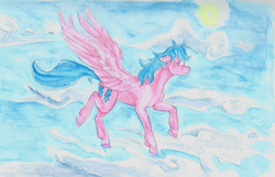 Size: 2287x1477 | Tagged: safe, artist:fullmoondagger, firefly, pegasus, pony, g1, cloud, female, flying, sky, smiling, solo, sun, traditional art, wings