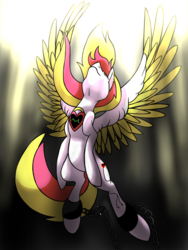 Size: 1500x2000 | Tagged: safe, artist:stereo-of-the-heart, oc, oc only, oc:stereo heart, pegasus, pony, female, mare, shackles, solo, spread wings
