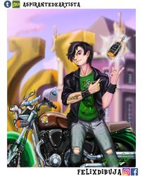 Size: 2417x2983 | Tagged: safe, artist:aspirantedeartista, discord, human, g4, alcohol, canterlot high, clothes, high res, humanized, jack daniels, magic, male, motorcycle, pants, punk, solo, torn clothes, whiskey
