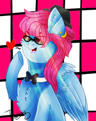 Size: 756x951 | Tagged: safe, artist:twinkepaint, oc, oc only, oc:noty serdtsa, pegasus, pony, bowtie, female, hat, mare, solo, sunglasses