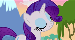 Size: 1360x730 | Tagged: safe, screencap, rarity, pony, castle mane-ia, g4, eyes closed, female, mare, mountain, solo, sunset, tree