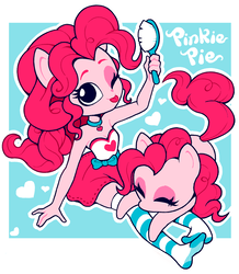 Size: 1280x1471 | Tagged: safe, artist:gatodelfuturo, artist:gaturo, pinkie pie, pony, anthro, equestria girls, g4, anthro ponidox, brush, clothes, doll, equestria girls minis, female, four fingers, irl, missing shoes, one eye closed, photo, ponied up, self ponidox, socks, stockings, striped socks, thigh highs, tongue out, toy, wink