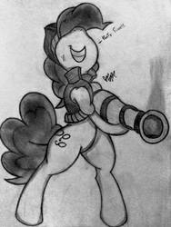 Size: 722x960 | Tagged: safe, artist:gian2020, pinkie pie, earth pony, pony, g4, bipedal, clash royale, clothes, crossover, female, monochrome, musketeer, solo, vest, weapon