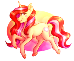 Size: 2892x2407 | Tagged: safe, artist:micky-ann, oc, oc only, oc:pretty shine, pony, unicorn, female, gift art, heart, high res, looking back, mare, multicolored hair, raised hoof, smiling, solo