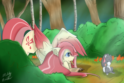 Size: 4808x3203 | Tagged: safe, artist:l-pastellepink-l, oc, oc only, oc:pastelle, pegasus, pony, rabbit, animal, book, female, forest, high res, mare, mouth hold, pencil, solo, tree