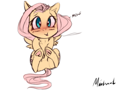 Size: 1400x1080 | Tagged: safe, artist:miokomata, fluttershy, pegasus, pony, g4, blushing, both cutie marks, cute, female, looking at you, mare, shyabetes, signature, simple background, smiling, solo, transparent background, underhoof