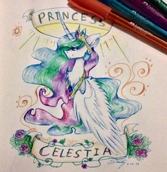 Size: 1871x1933 | Tagged: safe, artist:emuuanne, princess celestia, alicorn, pony, g4, crown, female, jewelry, necklace, photo, regalia, smiling, solo, traditional art