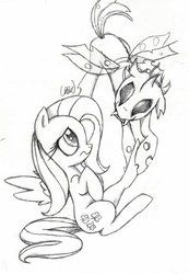 Size: 2182x3148 | Tagged: safe, artist:ethereal-desired, fluttershy, changeling, pegasus, pony, g4, high res, monochrome, traditional art