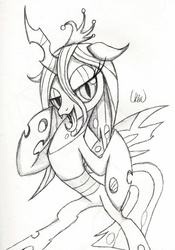 Size: 2103x3004 | Tagged: safe, artist:ethereal-desired, queen chrysalis, changeling, changeling queen, g4, crown, female, high res, jewelry, monochrome, regalia, solo, traditional art